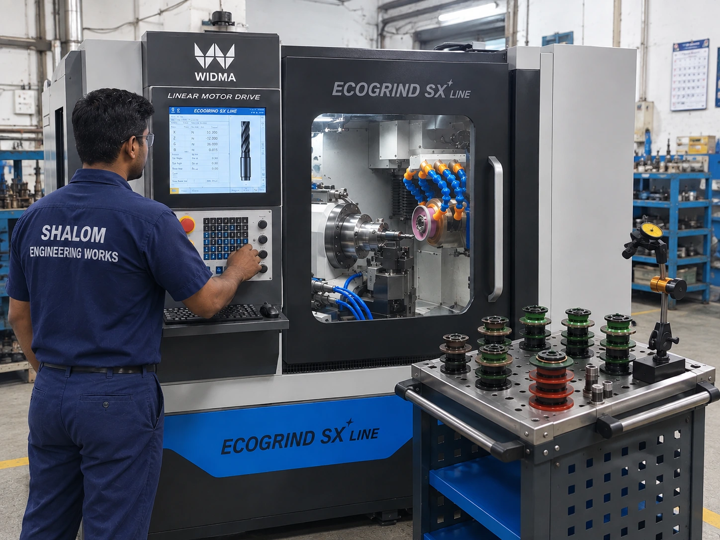 CNC tool grinding machine with an operator and grinding wheel tooling
